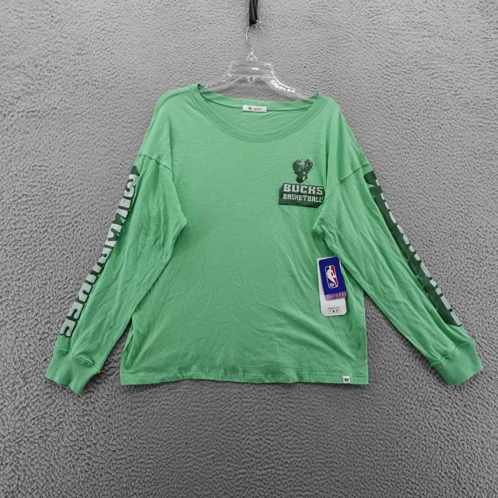 47 Brand Milwaukee Bucks NBA Basketball Long Sleeve Tee Shirt Green Women M NEW